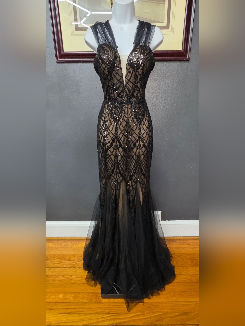 Black Sequin Illusion Mesh Maxi Gown